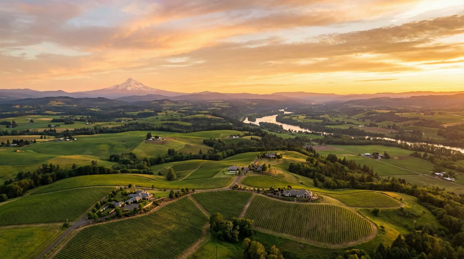 Willamette Valley Oregon wine country at sunset
